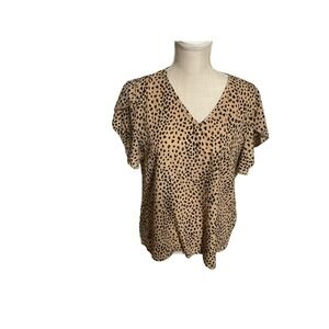 SHEIN Animal Print Blouse V-Neck Ruffle Short Sleeve Top Size L